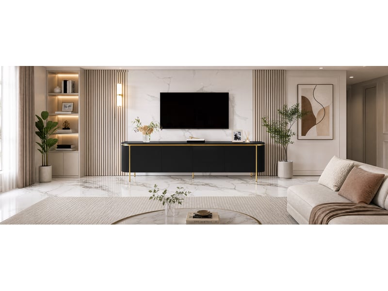  Meuble tv 6 portes avec passe-câbles - lpospi - extrémités arrondies mdf noir 180 × 38 × 46 cm  - Conforama E
