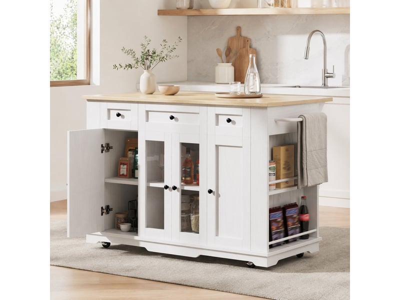  Îlot de cuisine avec plateau rabattable et rangements - lpospi - bois effet naturel, blanc, verre trempé  - Conforama B
