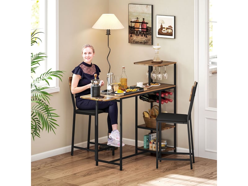  Comptoir de bar pliable et 2 tabourets hauts avec dossier, casier à vin et porte-verres, marron  - Conforama D