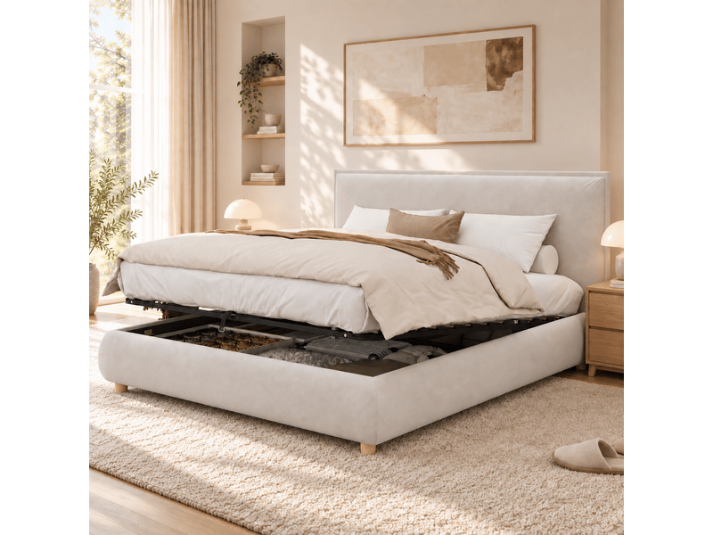 Lit coffre 2 places 160x200 cm avec rangement hydraulique, sommier à lattes, tête de lit capitonnée, pieds en bois massif, velours crème - Conforama B