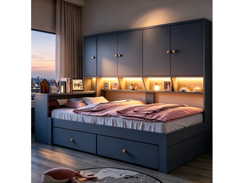  Lit combiné 90x200 cm avec bureau, rangements led et prises gris  - Conforama D