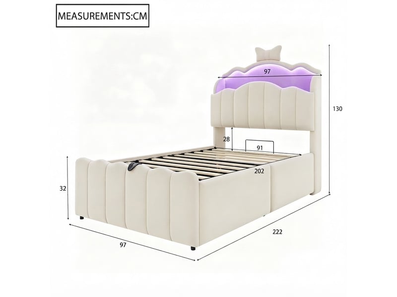  Lit jeune, 90x200 cm, éclairage led, ports de charge, en métal, beige cao-LDU00586AAA-conf-NEW - Conforama R
