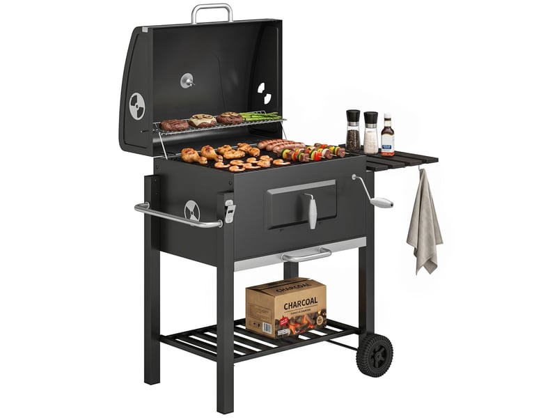  Fumoir-barbecue à charbon de bois, 1 étagère, 1 porte-serviettes, 2 grilles de cuisson, 113 cm x 65 cm x 108 cm, noir  - Conforama A