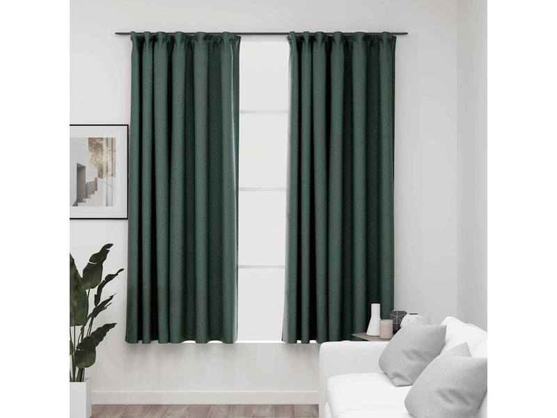  Lot de 2 rideaux occultants, rideaux black-out aspect lin avec crochets vert 140x175cm cf44518  - Conforama B