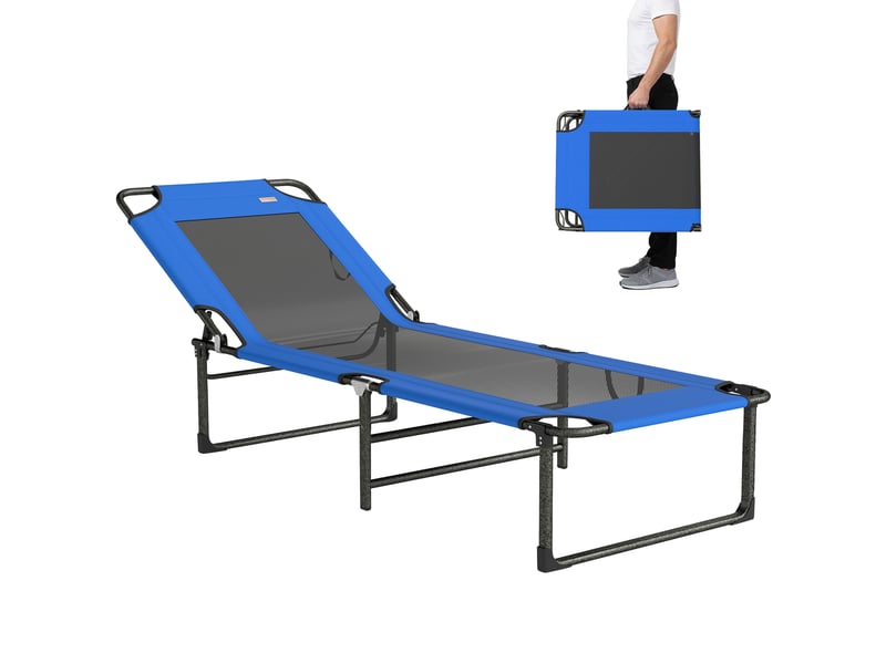  Transat pliant avec dossier réglable 4 positions, poignées et dossier en textilène, capacité de charge 120 kg, 175 x 58 x 68 cm, bleu  - Conforama A