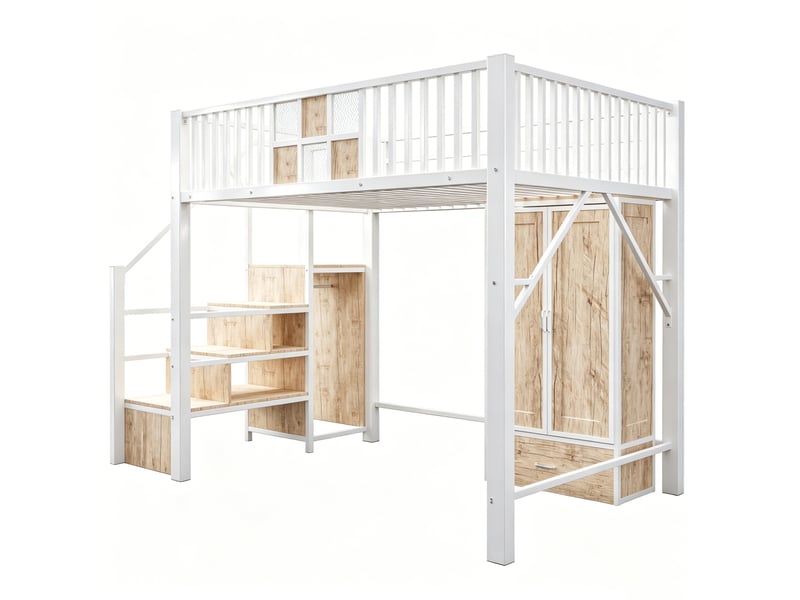  Lit mezzanine en métal 140 × 200 cm avec un design de barrière original en bois et treillis métallique, comprenant une grande armoire, des tiroirs et une échelle de rangement, blanc  - Conforama E
