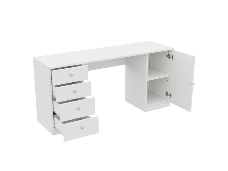  Bureau enfant 155 x 45 x 74 cm avec 4 tiroirs,étagère et rangements,poignées en céramique rose,blanc Bliss Lite - Conforama A