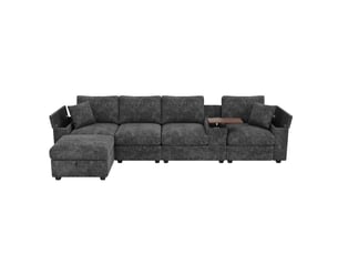 Canapé d'angle modulaire 5 places en chenille gris, avec pouf de rangement, ports usbtype-c, table pivotante 360° pour grand salon