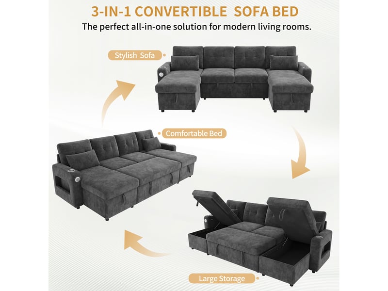  Canapé d'angle 266x131x85cm extensible avec led et ports usb canapé 4 places en u avec méridienne double porte-gobelets et rangement chenille gris BUYDEEMEUS - Conforama E