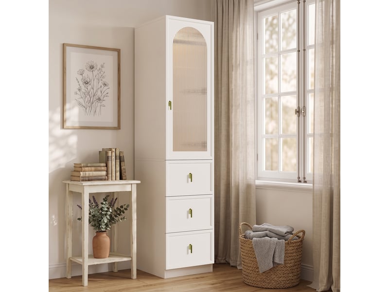  Armoire penderie étroite blanche 45x48x200 cm avec éclairage led, 1 porte en verre cannelé et 3 tiroirs  - Conforama D