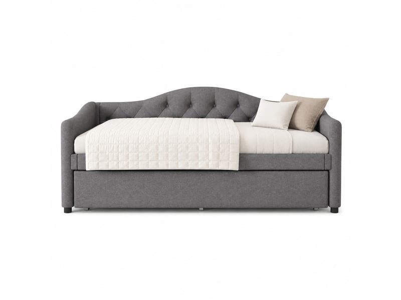 Lit banquette 90x200 cm en lin gris avec lit gigogne coulissant - Conforama A