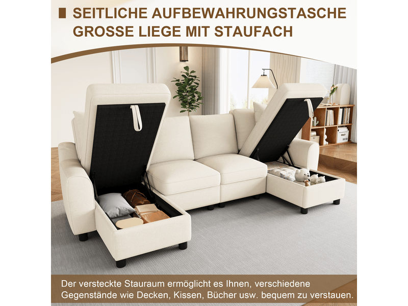  Canapé panoramique 2 places beige en chenille, 280 × 137 × 84 cm, avec rangement et 2 coussins, pour salon  - Conforama C