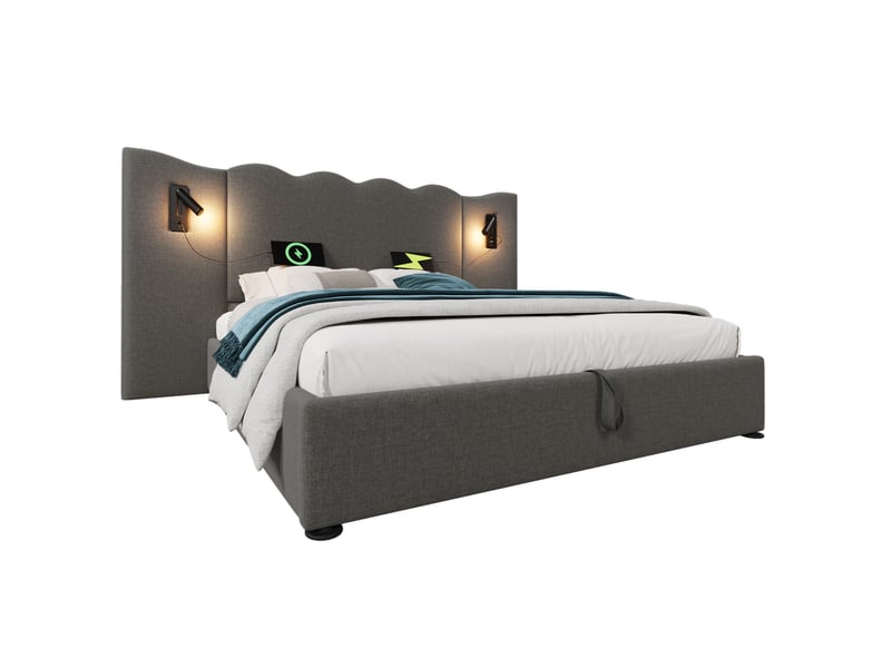 Lit double 160 x 200 cm gris en lin avec rangement, lampes de lecture, charge usbtype-c et matelas - Conforama A