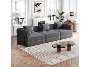 Canapé-lit modulable 3 places 3 modules - rangement accoudoir convertible - tissu chenille - gris