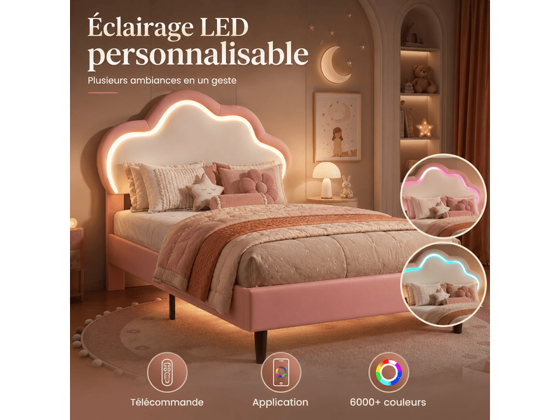 Lit enfant fille 90x200 avec éclairage led rgb , lit princesse avec tête de lit nuage réglable, sommier à lattes, 1 place, lit enfant fille 90x200 cm avec lumière led, lit princesse avec tête de lit nuage réglable, lit rembourré… - Conforama W