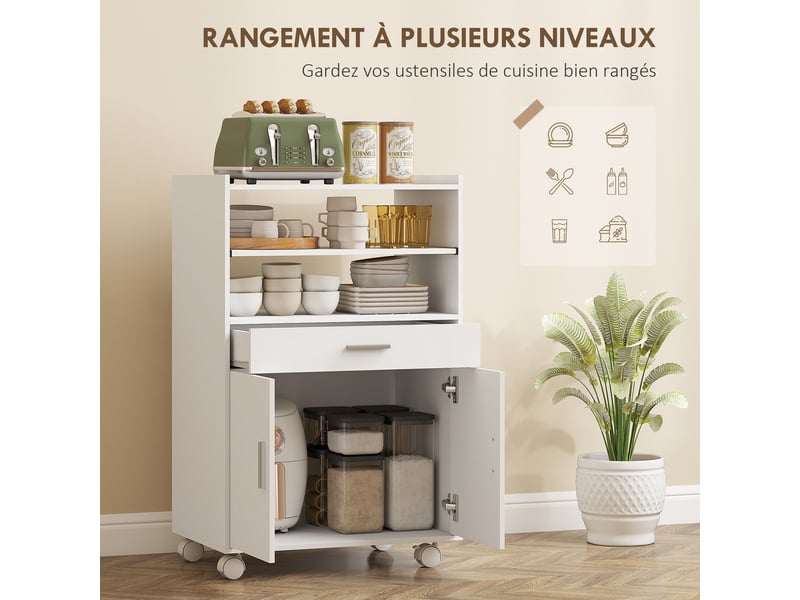 Chariot de cuisine sur roulettes, desserte micro-onde à roulettes avec placard tiroir étagères, blanc, 59 x 40 x 92 cm - Conforama A