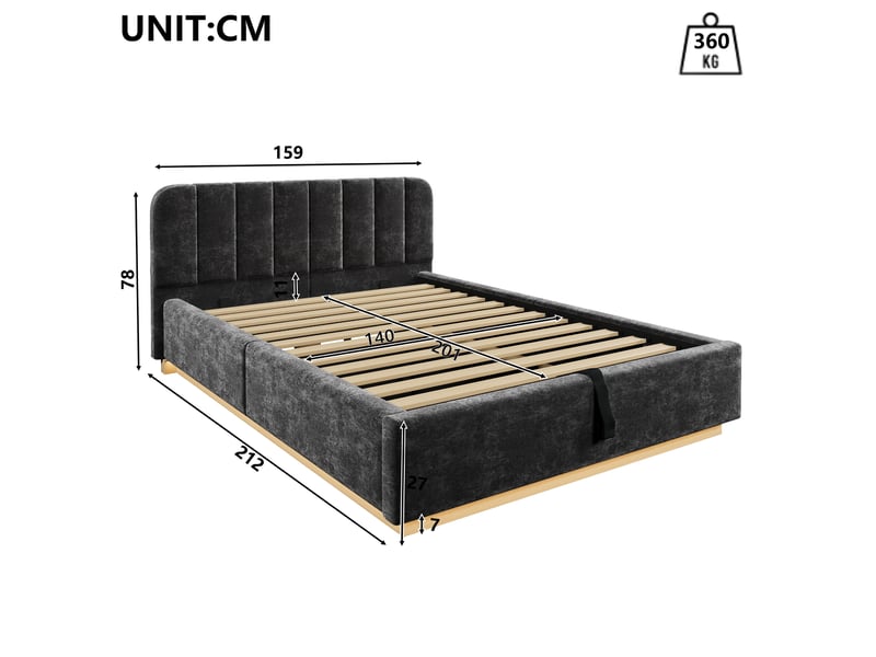 Lit coffre 140x200 cm anthracite, tissu chenille, sommier relevable hydraulique, led contrôlée par appli, sommier à lattes inclus - Conforama C