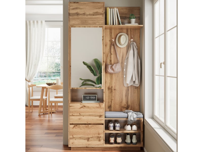  Garde-robe compacte avec miroir et banc — meuble d'entrée avec porte-chaussures et crochets — ensemble de couloir  - Conforama B