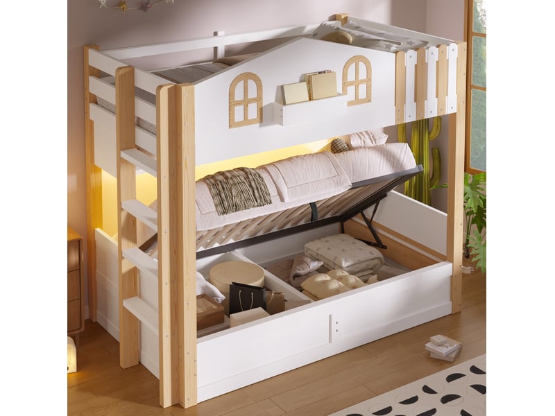  Lit superposé enfant 90 x 200 cm, rangement hydraulique, led, blanc et bois  - Conforama B