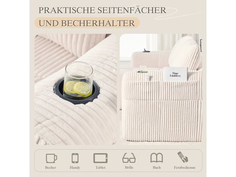 Canapé droit en velours côtelé beige, 4 places, 253 cm, poches latérales W2845S00247 - Conforama E