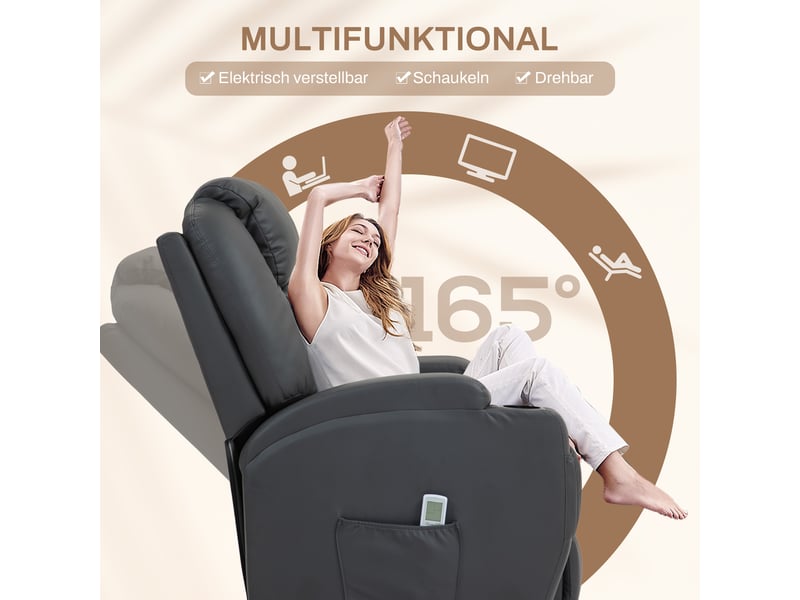 Fauteuil relax électrique massant en similicuir gris foncé, 8 points, inclinable à 165 degrés, pour salon et lecture - Conforama E