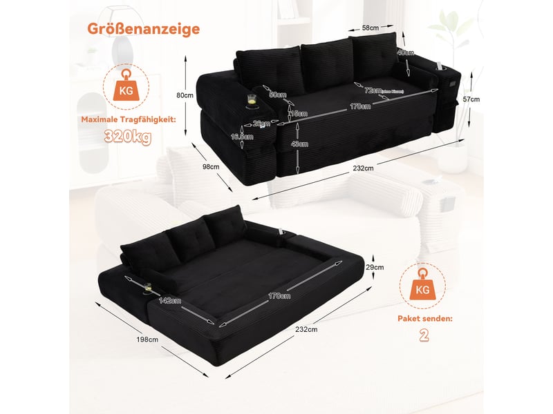  Canapé convertible 3 places en velours côtelé noir avec coffre et porte-gobelets intégrés  - Conforama C