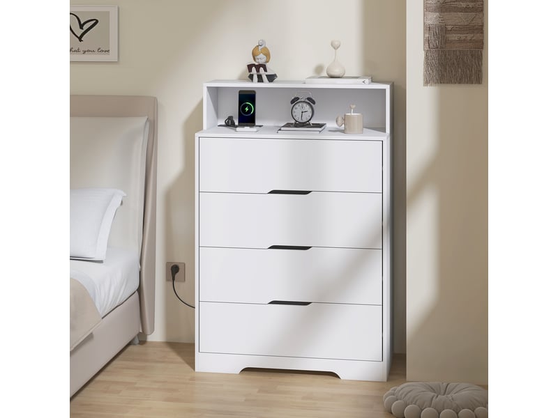  Commode 4 tiroirs avec station de charge, port usb, port usb-c, étagère ouverte, 80 x 40 x 120 cm, blanche  - Conforama D