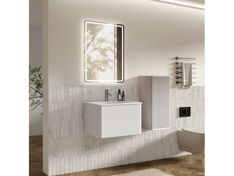  Armoire de salle de bain murale avec miroir led et meuble latéral, design moderne, pour salle de bain, blanc  - Conforama C
