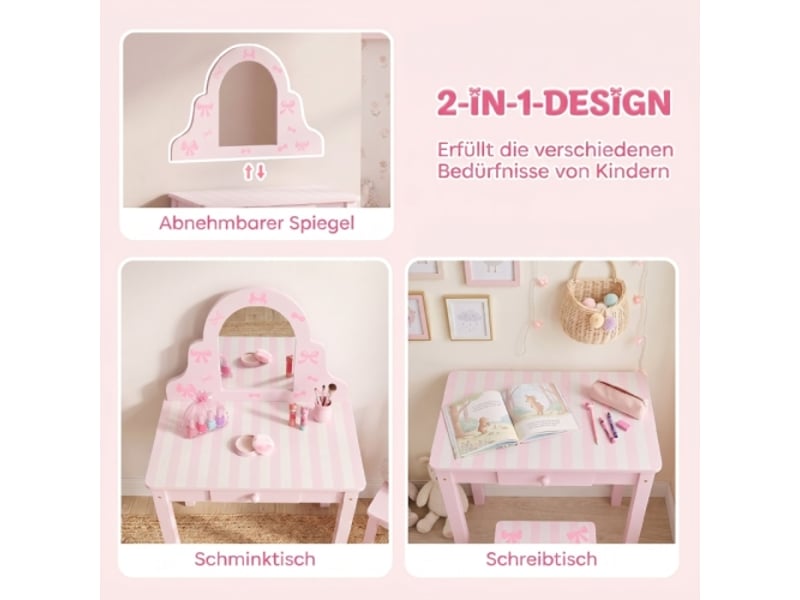  Coiffeuse enfant 2 en 1 rose, bureau avec miroir amovible, tiroir et tabouret, filles 3-6 ans  - Conforama C
