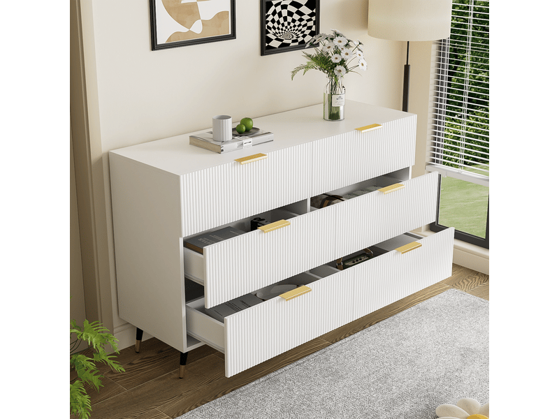 Chiffonnier 120x40x77 cm, commode avec 6 tiroirs, style moderne, aggloméré, blanc+doré - Conforama B