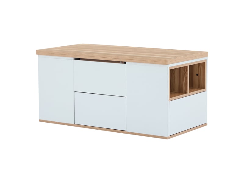  Table basse relevable multifonction blanche et bois 100x51cm avec 2 tiroirs et plateau extensible pour salon moderne  - Conforama A
