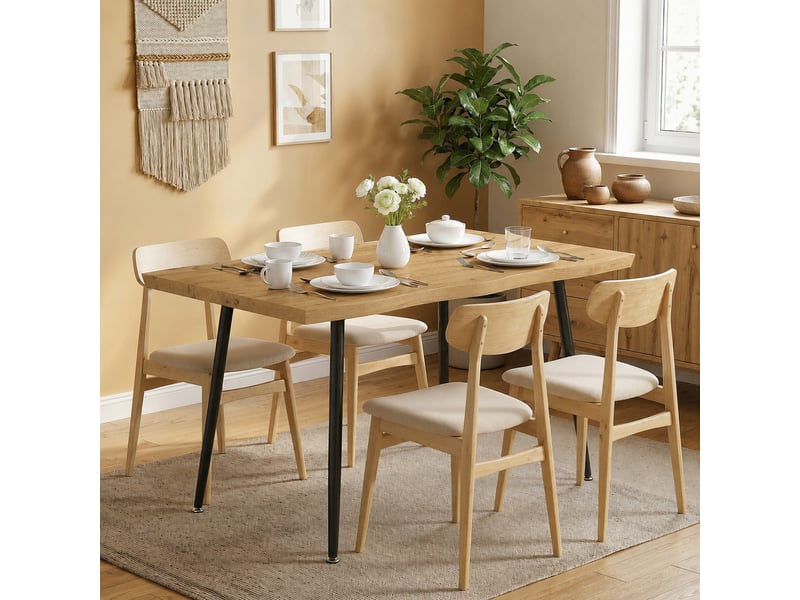 Table à manger design campagne chic 4 pers. Métal noir effet bois clair - Conforama D