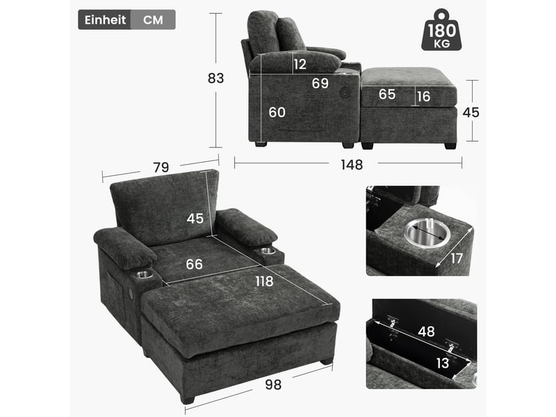  Fauteuil convertible avec repose-pieds pivotant, rangement et usb  - porte-gobelets chenille gris foncé  - Conforama D