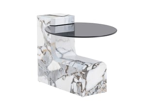Table basse ronde 2 niveaux, plateau verre gris transparent et mdf noir en l, dessus imitation marbre blanc, design démontable pour espace flexible