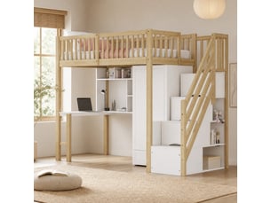 Lit mezzanine 90 x 200 cm avec armoire, bureau, étagère et escalier de rangement