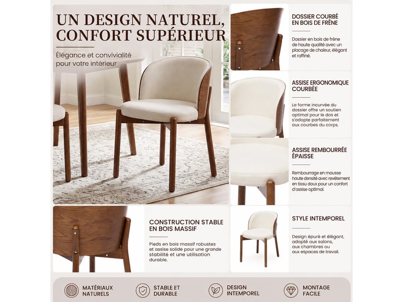  Lot de 6 chaises de salle à manger  49x57x74 cm, dossier enveloppant, assise en lin, bois, coloris noyer  - Conforama D
