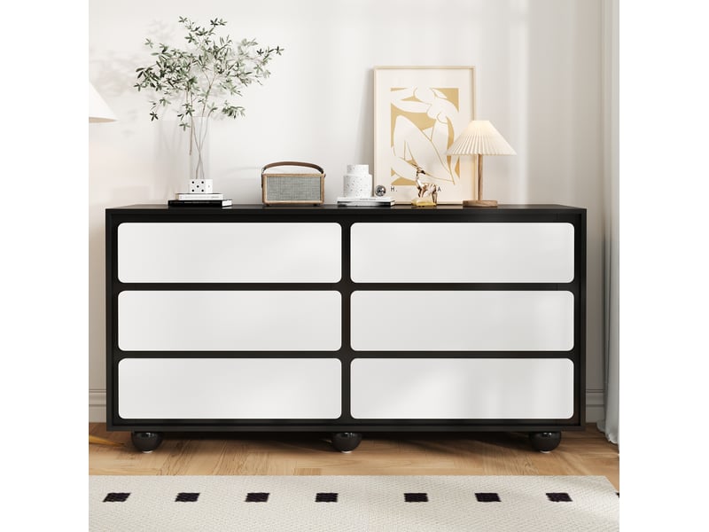  Commode 6 tiroirs 140x38x74,5 cm bords arrondis sécurité familiale pieds métal robustes panneau de particules blanc+noir  - Conforama D