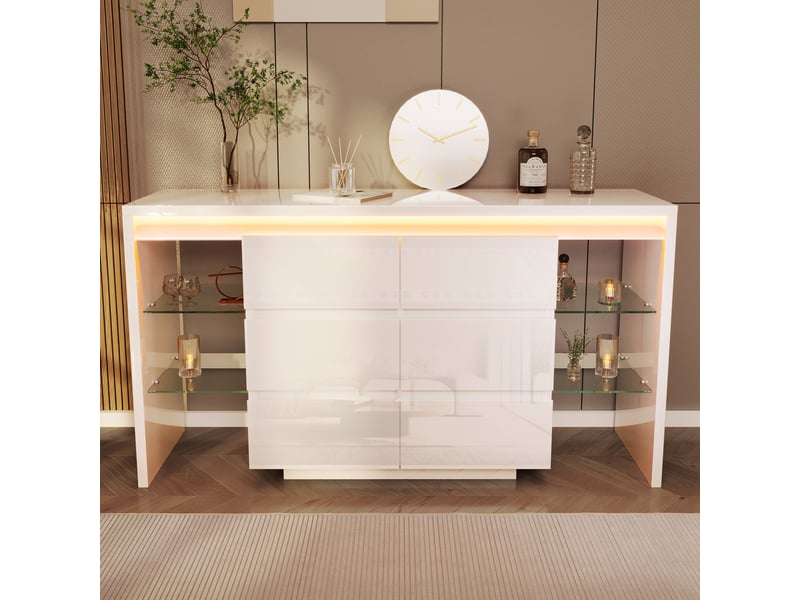  Commode à 6 tiroirs et 4 étagères en verre led pour salon 155×40×80 cm en mdf blanc brillant  - Conforama D
