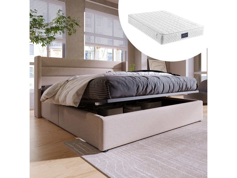  Lit rembourré 140x200cm avec coffre hydraulique, lin beige, matelas inclus, sommier à lattes et tête capitonnée  - Conforama E