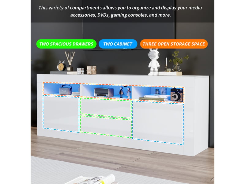  Meuble tv haute 160x35x60 cm avec éclairage led, 2 portes, 3 compartiments ouverts, 2 tiroirs, commande par application intelligente  - Conforama D
