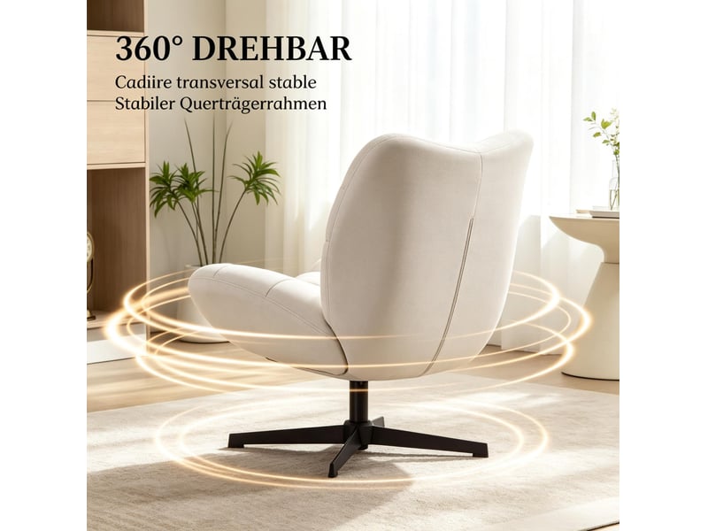  Fauteuil lounge pivotant 70 x 80 cm – crème – assise capitonnée en chenille, sans inclinaison, base en acier  - Conforama E