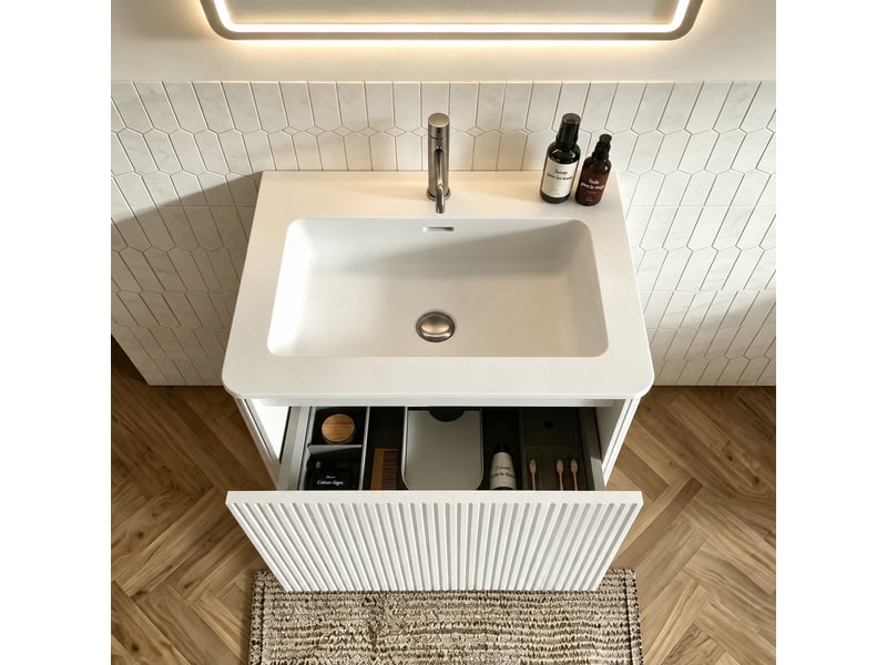  Ensemble meuble vasque suspendu 60 cm avec miroir led ovale  - Conforama E