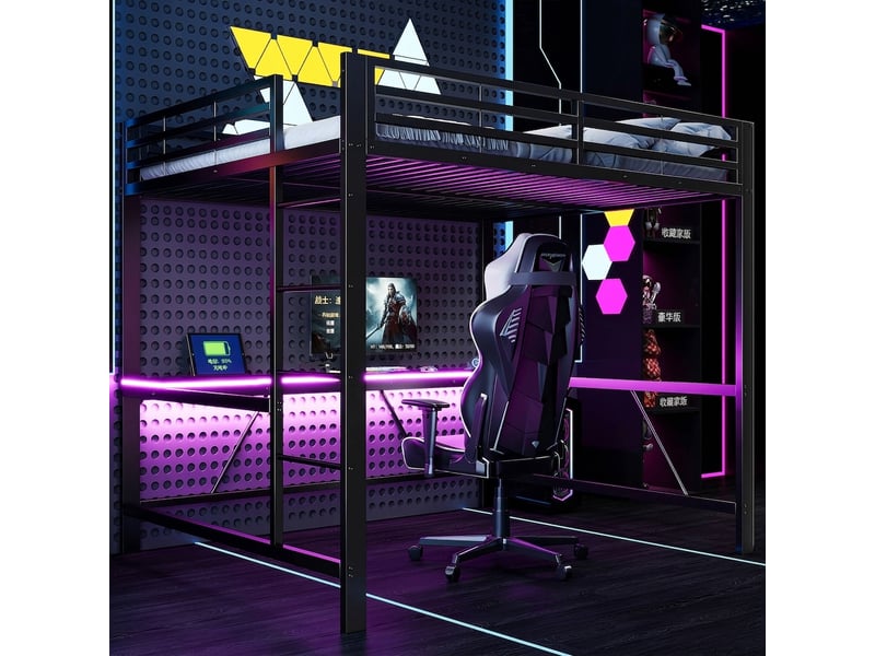 Lit mezzanine gaming 160x200 métal avec bureau intégré, led et port usb, noir - Conforama C