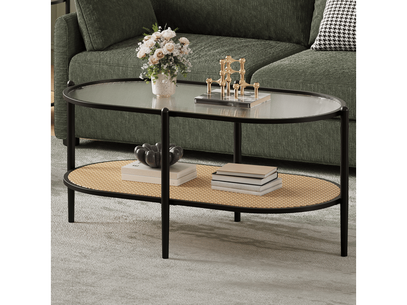  Table basse ovale en rotin - plateau en verre trempé ondulé - 2 niveaux avec étagère - cadre métal renforcé - 95 x 50 x 46 cm ,noir PHK_346K4GDV - Conforama C
