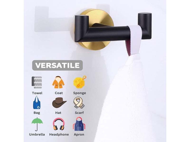  2 pièces crochet mural, pour peignoir, porte serviette salle de bain, accroche torchon cuisine, manteau, attache murale, chambre (doré noir  - Conforama E