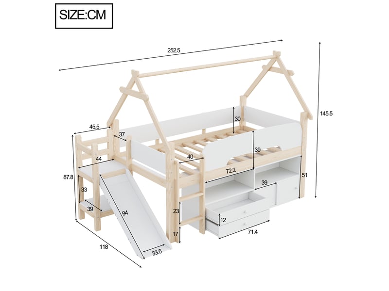  Lit mezzanine 90x200 cm - avec rangement - en bois massif et mdf - bicolore CARDUME ESTIVAL - Conforama C