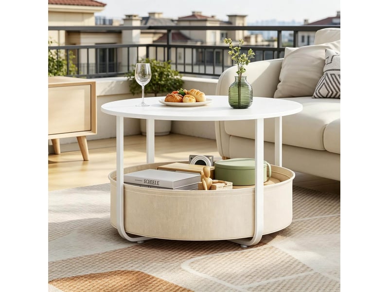  Table basse ronde avec panier de rangement amovible et pieds réglables pour salon, beige et blanc, ø 80 × 50 cm  - Conforama C