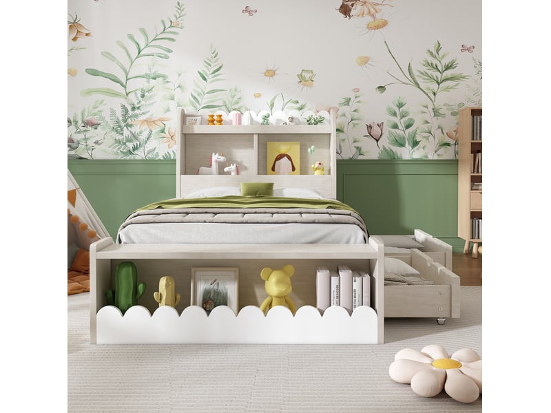 Lit enfant avec rangement 90x190 cm, bois et mdf, blanc et chêne clair - Conforama D