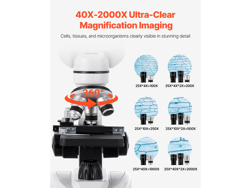  Vevor microscope composé binoculaire professionnel avec grossissement 40-2000x  - Conforama B