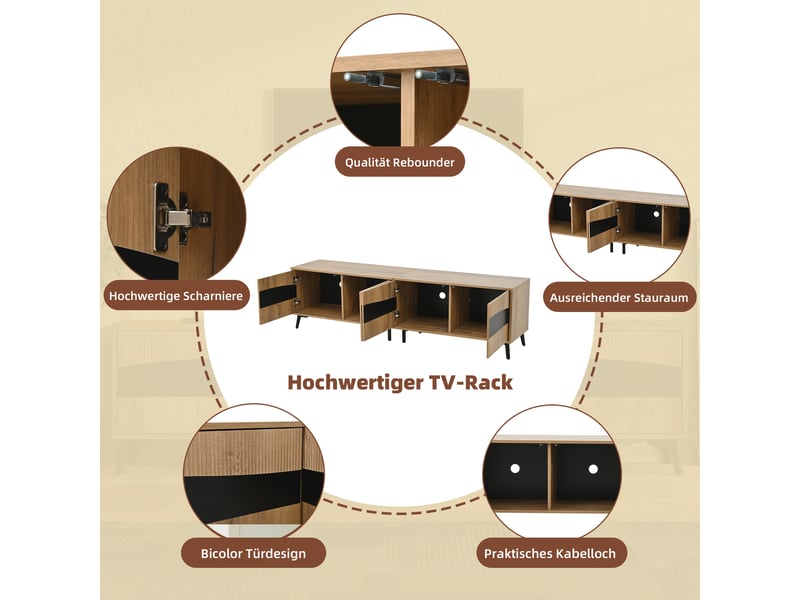  Meuble tv bois et noir 180×40×50 cm, panneaux de particules, 4 placards, 8 pieds de soutien, design symétrique, 30 kg  - Conforama E